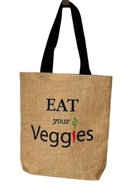 Eat Your Veggies Jute Tote Bag with Black Straps Shopping Eco-Friendly Carrot